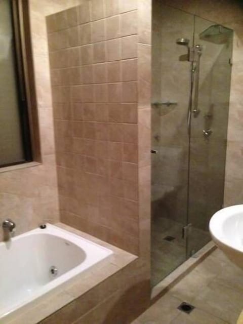 Shower, jetted tub, hair dryer, towels