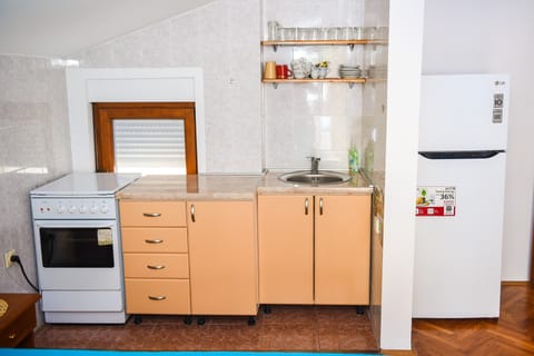 Fridge, oven, stovetop, cookware/dishes/utensils