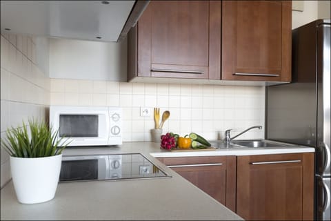 Fridge, stovetop, dishwasher, cookware/dishes/utensils
