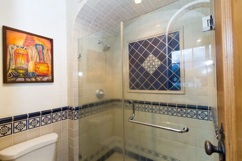 Separate shower and bathroom area done in colonial Antigua tiles.
