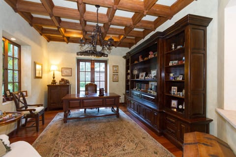 Handsome study with beautiful hand-carved wooden ceiling.