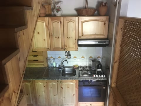 Fridge, coffee/tea maker, cookware/dishes/utensils, spices