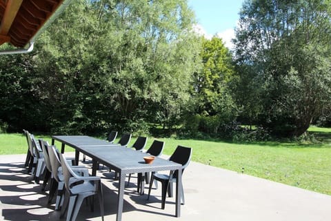 Ample seating on the terrace for groups of happy cyclists