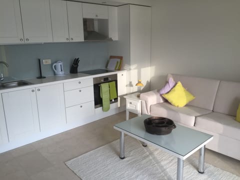 The kitchen is along one side of the sitting room and is very well equipped