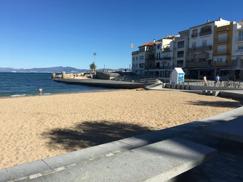 On the beach, sun loungers