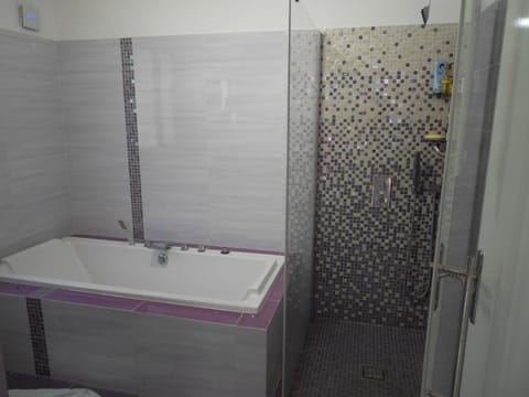 Combined shower/tub, hair dryer, towels, soap