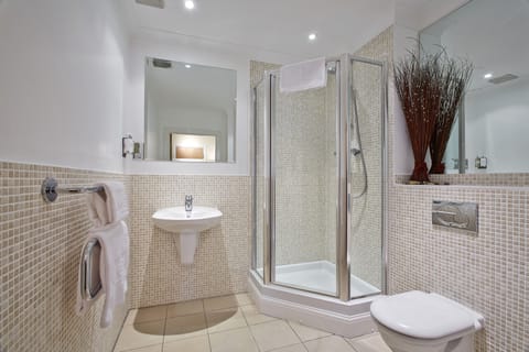 Combined shower/tub, hair dryer, towels, toilet paper