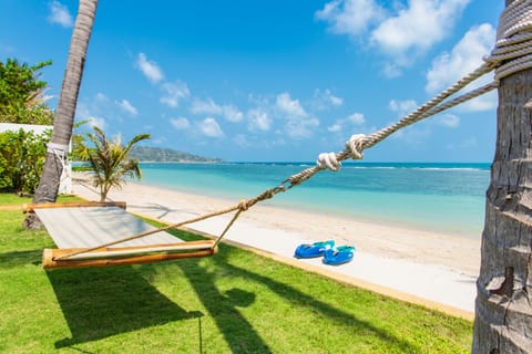 On the beach, sun loungers, beach towels