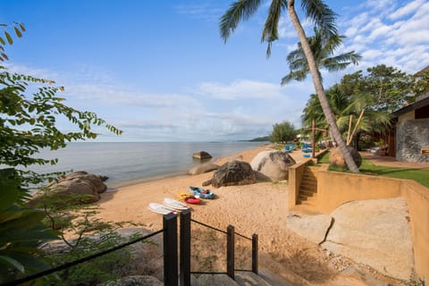 On the beach, sun loungers