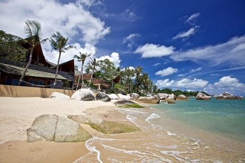 On the beach, sun loungers