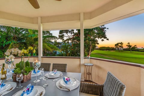Enjoy sunset dinners on the lanai with panoramic views of the Makai Golf Course and glowing skies over the North Shore.