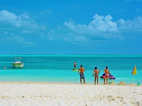 On the beach, sun loungers