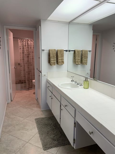 Combined shower/tub, hair dryer, towels, toilet paper