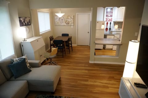 From the living room looking into the dining room and kitchen