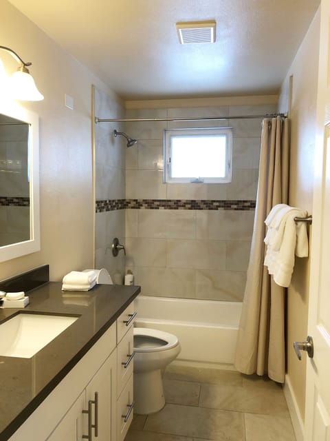 Combined shower/tub, hair dryer, towels, soap