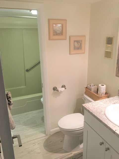 Recently renovated, shower has grab bars