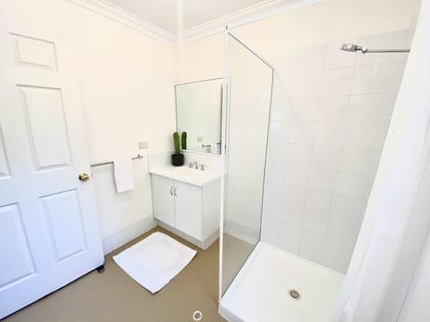 Light and bright bathroom with shower and toilet