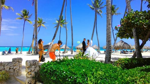 On the beach, sun loungers, beach towels