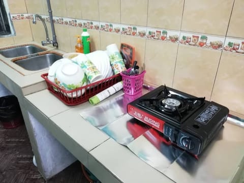 Fridge, electric kettle, toaster, cookware/dishes/utensils