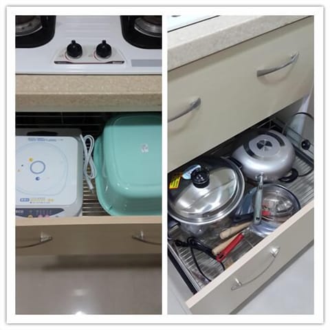 Fridge, microwave, stovetop, electric kettle