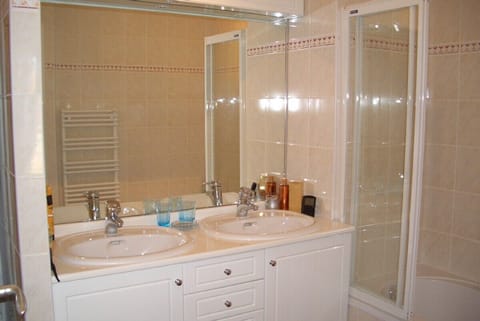 Combined shower/tub, hair dryer, bidet, towels