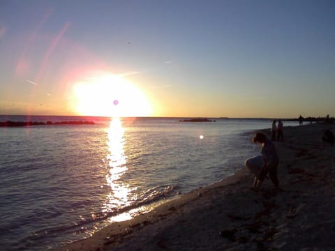 On the beach, sun loungers, beach towels