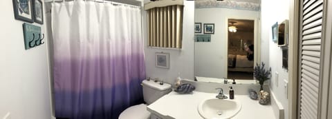 Combined shower/tub, hair dryer, towels