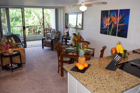 The living area opens out to the lanai and garden