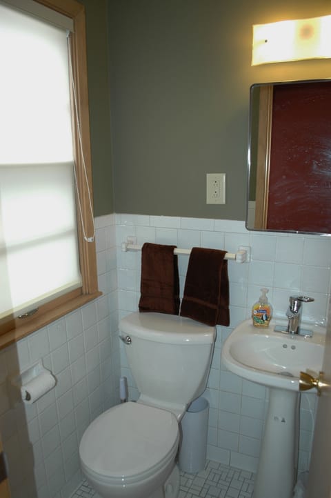 Combined shower/tub, hair dryer, towels, soap