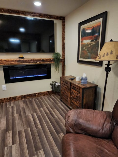 Flat-screen TV, fireplace