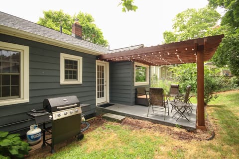 Shaded patio with new patio furniture and BBQ