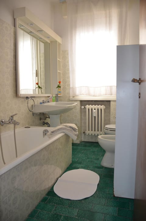 Combined shower/tub, hair dryer, bidet, towels