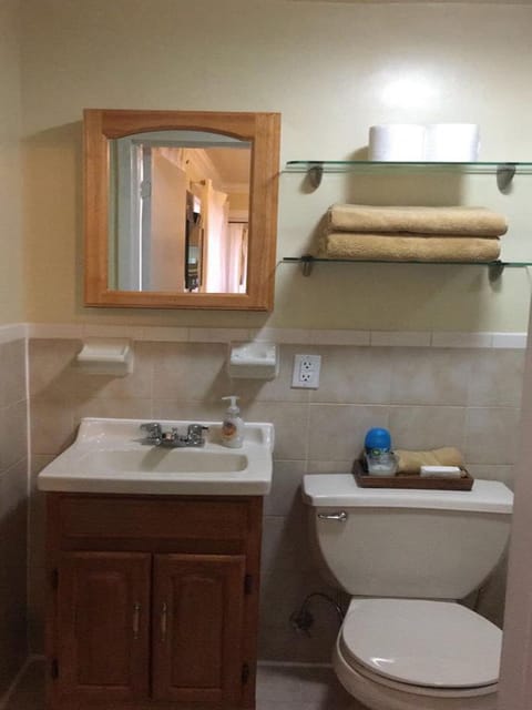 Combined shower/tub, hair dryer, towels, soap