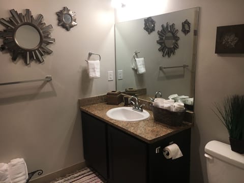 Combined shower/tub, hair dryer, towels, soap