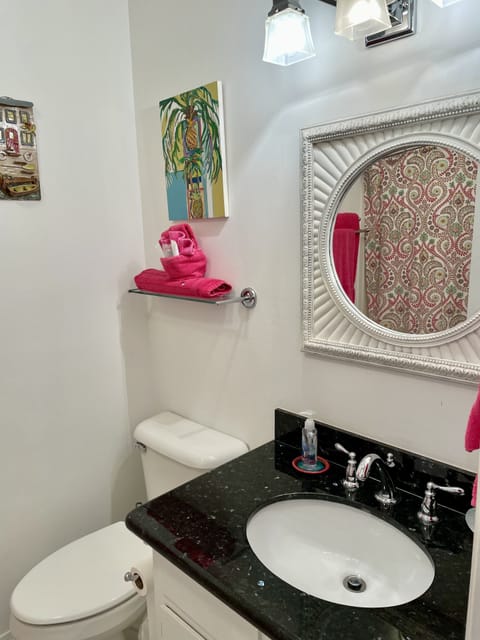 Combined shower/tub, hair dryer, towels