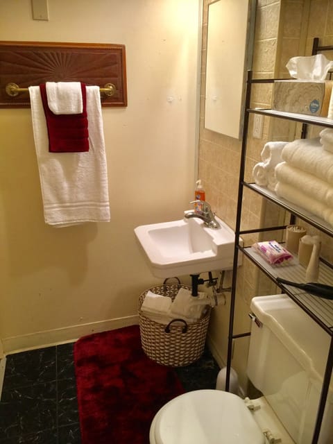 Combined shower/tub, hair dryer, towels, soap