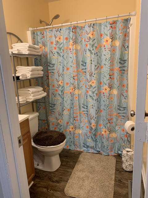 Combined shower/tub, hair dryer, towels, soap