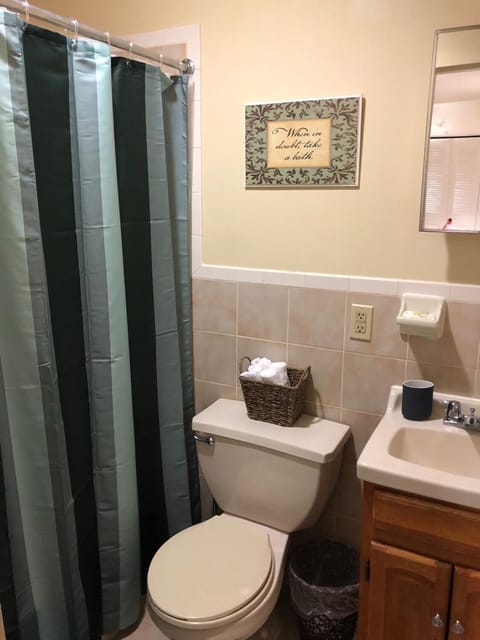 Combined shower/tub, hair dryer, towels, soap