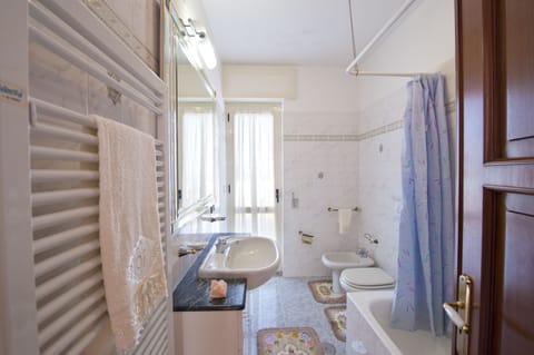 Combined shower/tub, hair dryer, bidet, towels