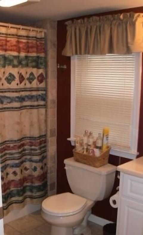 Combined shower/tub, hair dryer, towels, toilet paper