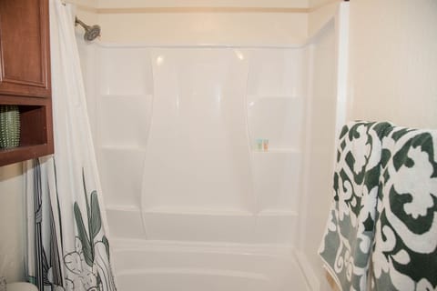 Combined shower/tub, hair dryer, towels, soap