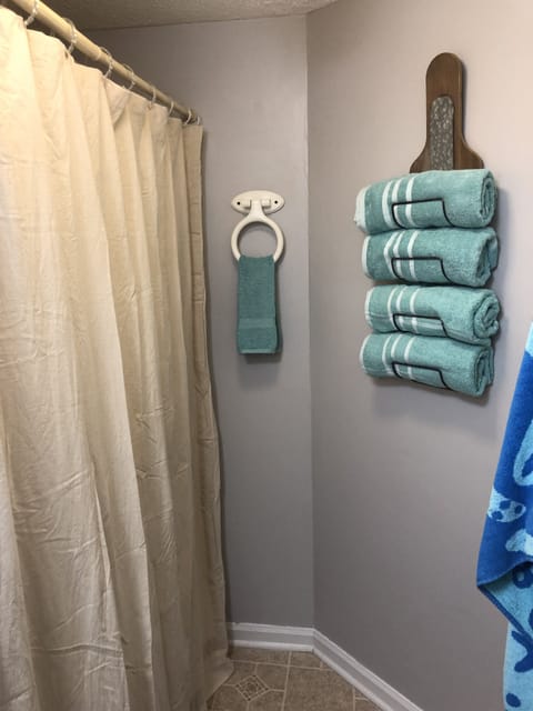 Combined shower/tub, hair dryer, towels, toilet paper