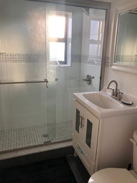 Combined shower/tub, hair dryer, towels, soap