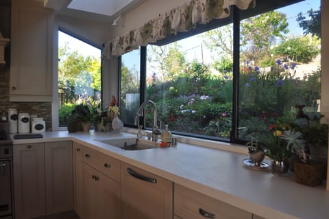 Kitchen has a garden view, multiple fruit trees that bear fruit 