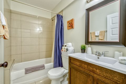 Combined shower/tub, hair dryer, towels, soap