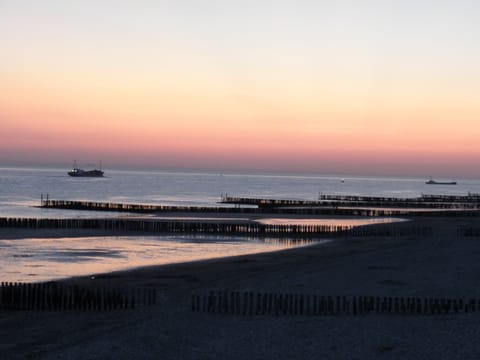 On the beach, sun loungers