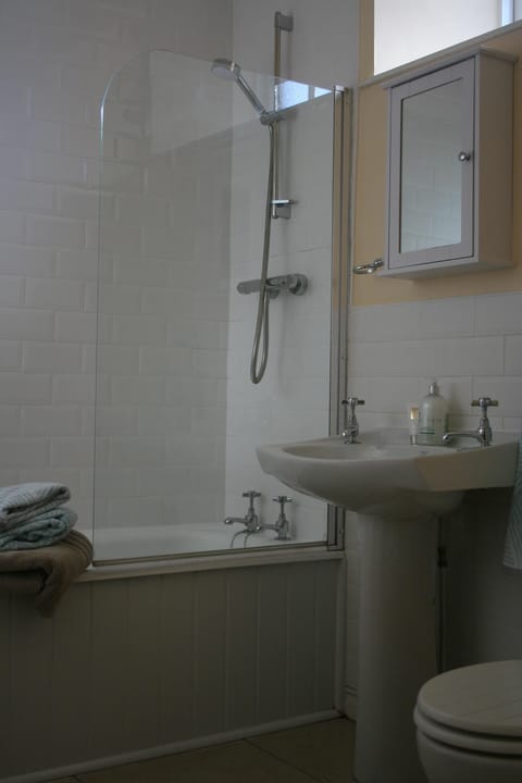 Combined shower/tub, hair dryer, towels