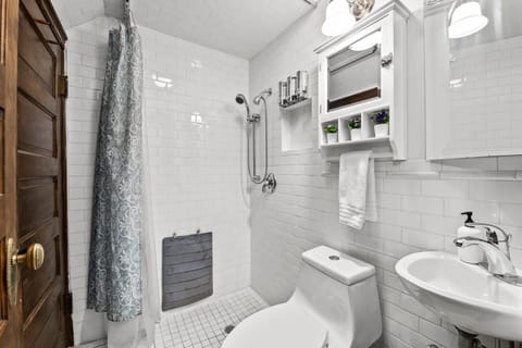 Combined shower/tub, hair dryer, towels, soap