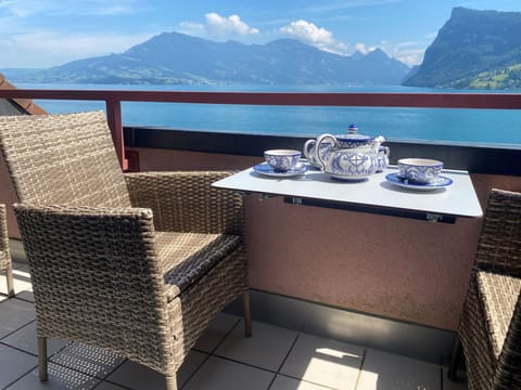 small and cosy terrace with view onto the lake and the mountains