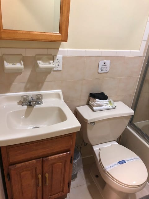 Combined shower/tub, hair dryer, towels, soap